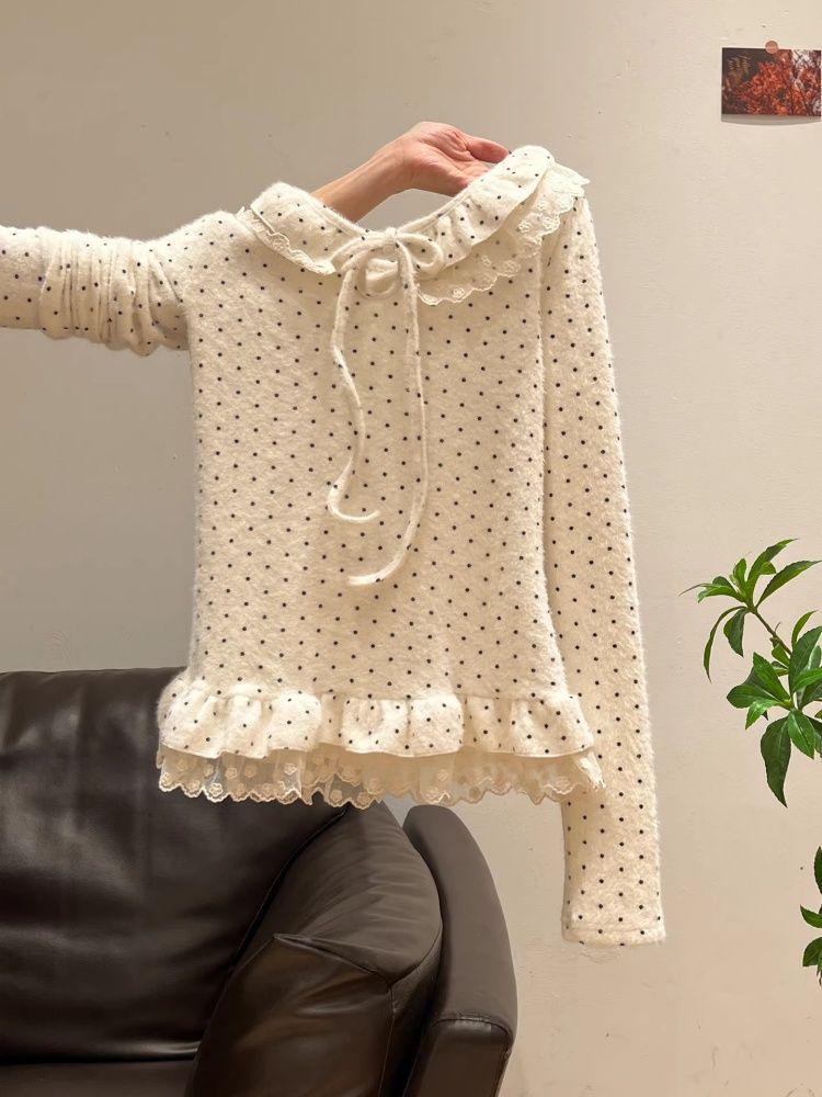 Stylish Slimming Velvet Polka Dot Long Sleeve Round Neck Top