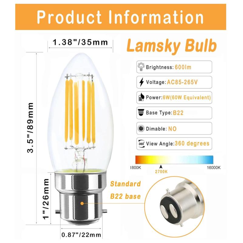 B22 Bayonet LED Bulb Filament Candle Light Bulb Warm White C35 Shape Bullet Top Incandescent Equivalent Non-dimmable