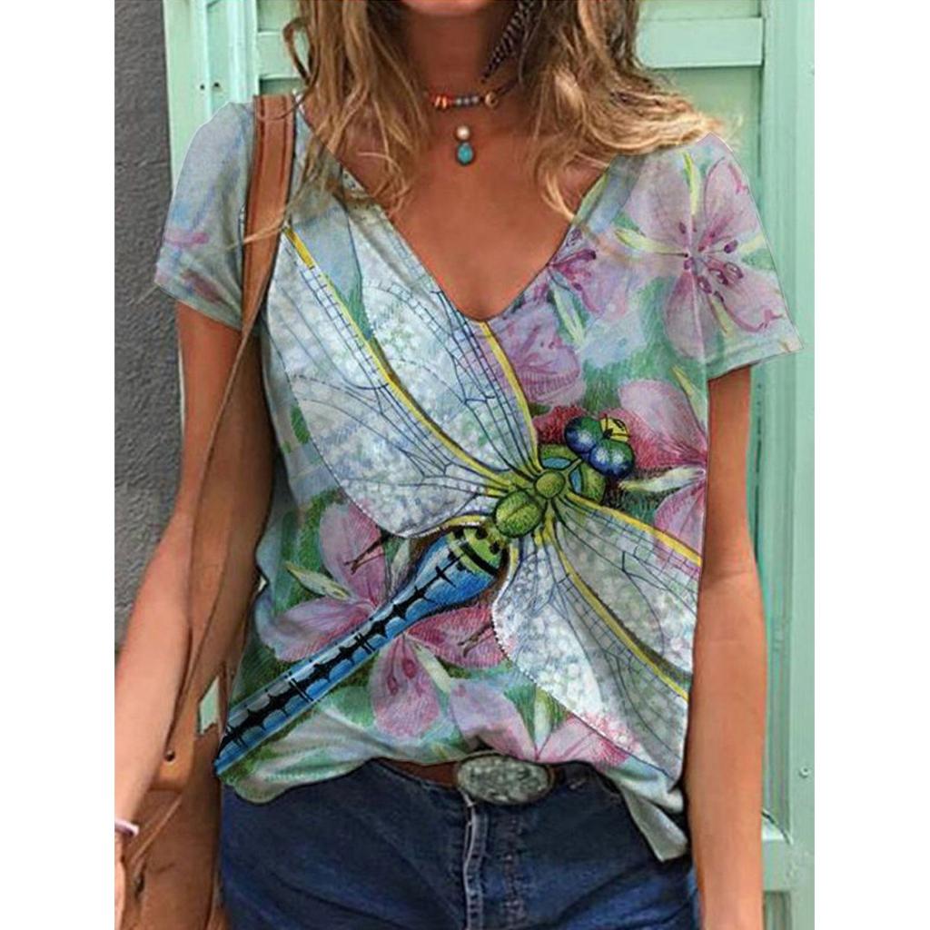 New 3D Printed Short Sleeved Women's Summer Casual Flower and Bird Print V-neck T-shirt