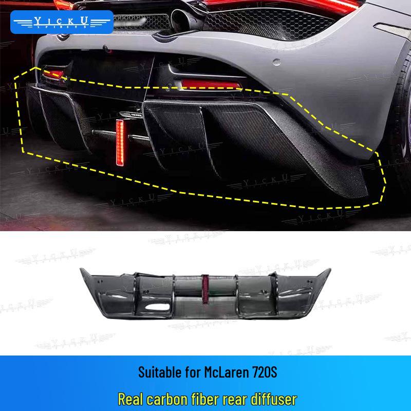 Compatible with McLaren 720S: BS Black Sail Carbon Fiber Front/Rear Lips, Side Skirts, Rear Wing, Fender, and Door Trim Strips.