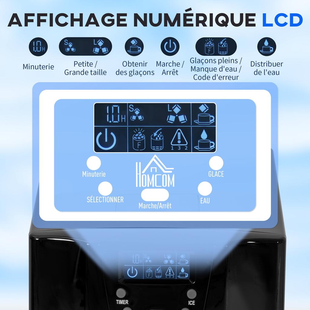 Ice Maker with Water Dispenser, Ice Maker, 12kg In 24h, 9 Ice Cubes In 6-10 Minutes, 25.2x38.9x36.3cm, Black