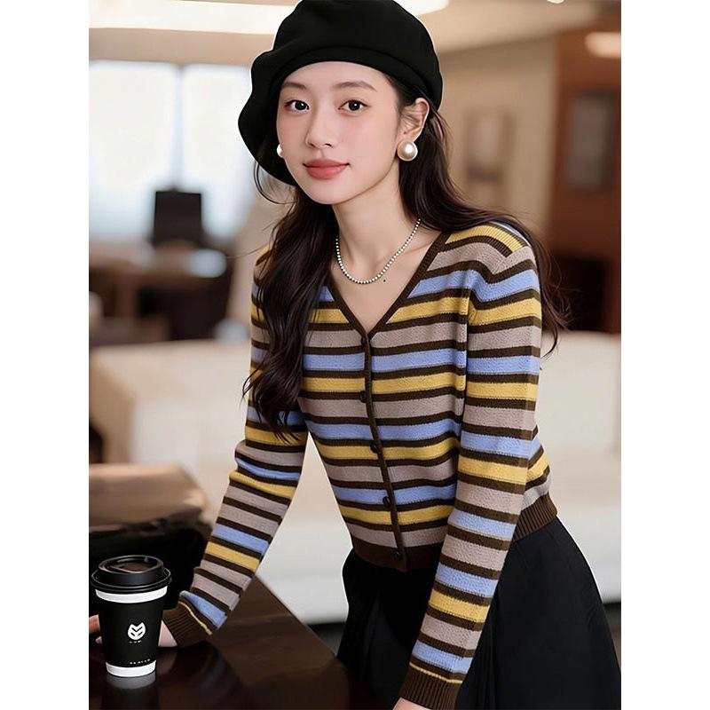 Elegant V-neck Striped Long-sleeve Knit Cardigan for Women - Autumn Fashion Highlight