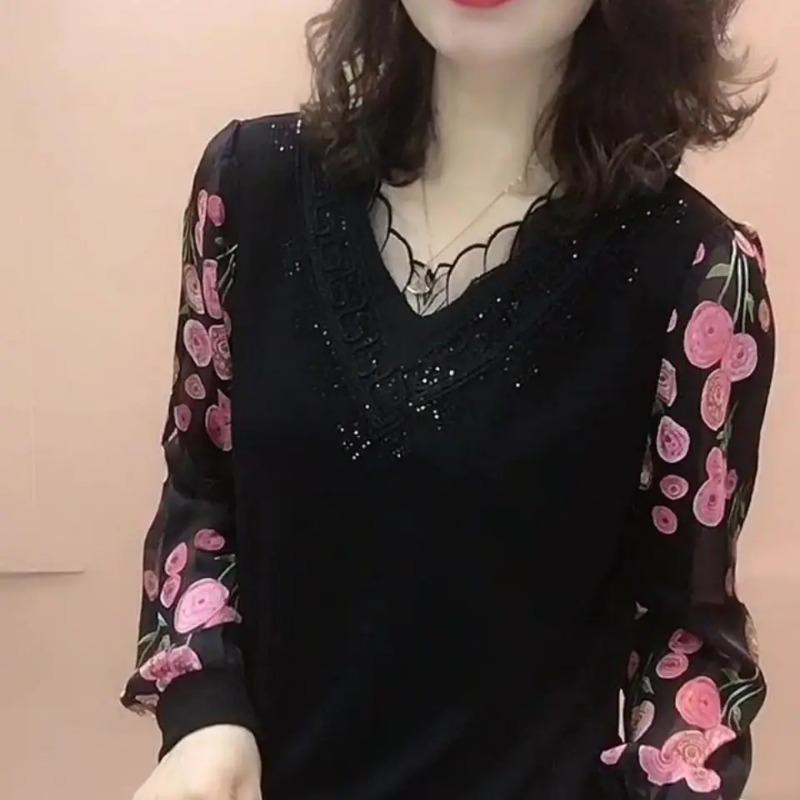 Women's Elegant V Neck Lace Patchwork Top Sparkle Sequin Print Long Sleeve Blouse