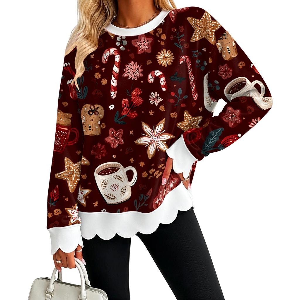Women's Christmas Print Crewneck Sweatshirt with Scalloped Wavy Hem Casual Holiday Top