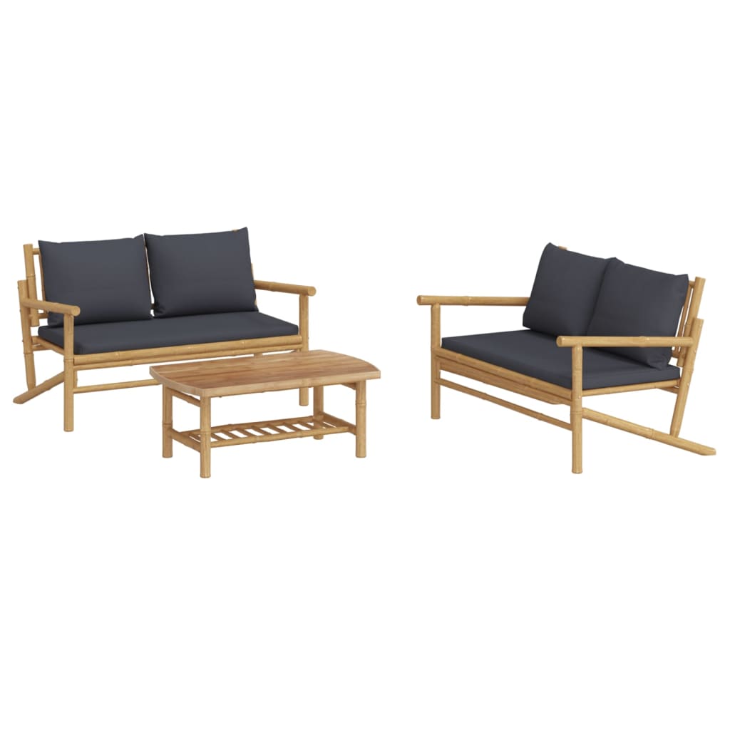 3 Piece Garden Lounge Set with Dark Gray Cushions Bamboo