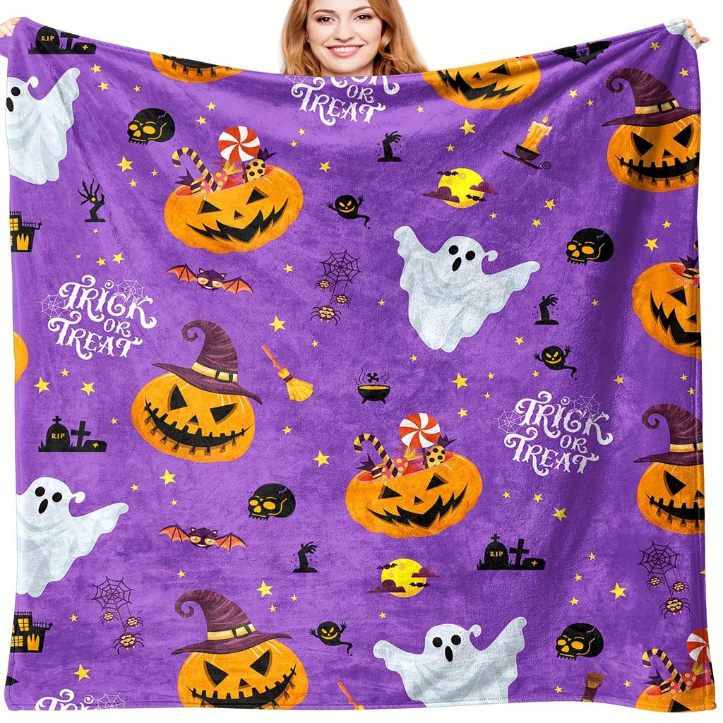 1pc Halloween Blanket, a Soft Blanket Featuring Ghost Pumpkins, Black Cats, Spiders, Bats, And Skulls, Suitable for All Seasons, And for Halloween