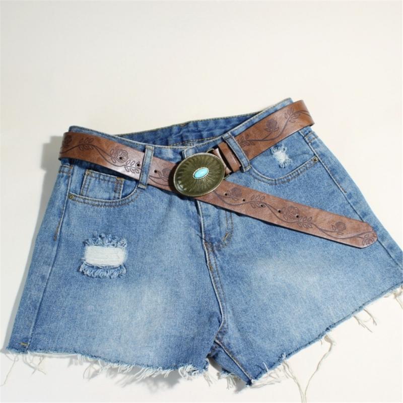 Bohemian Women Waist Belt with Embossed Pattern Adjustable PU Leather Oval Buckles Waistband For Casual Outfit And Travel