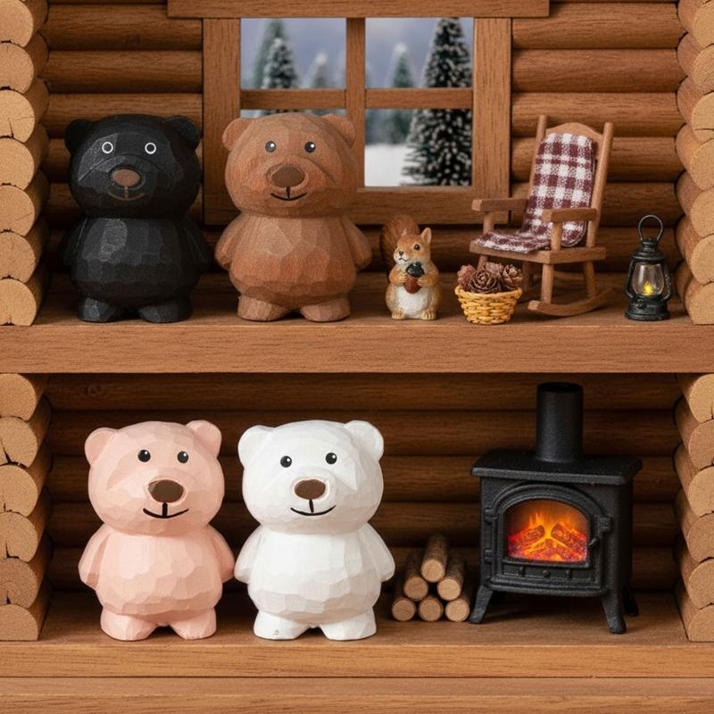 Wooden Bear Figurine Cute Decorative Accent Piece For Shelves Desks Bookshelves Basswood Design