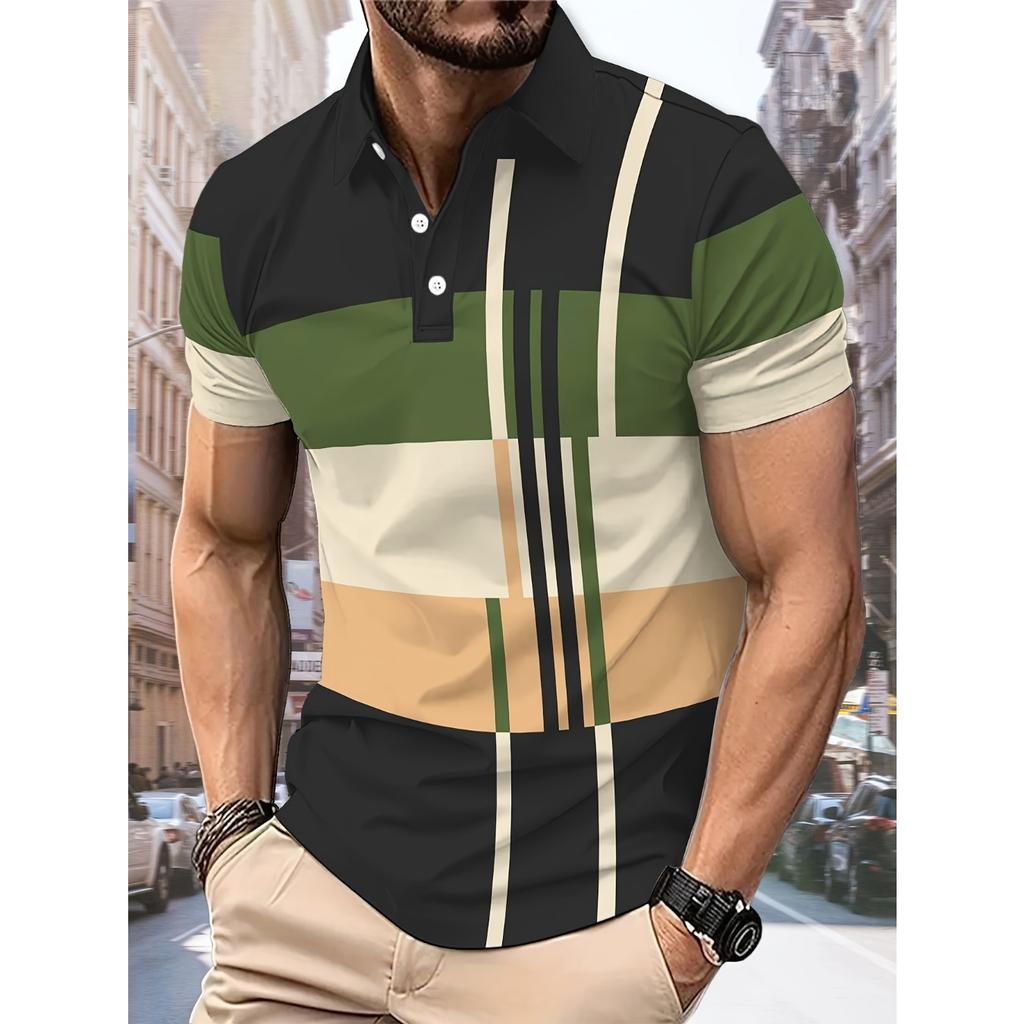 men's POLO shirt features a casual fashionable comfortable and breathable 3D striped pattern print