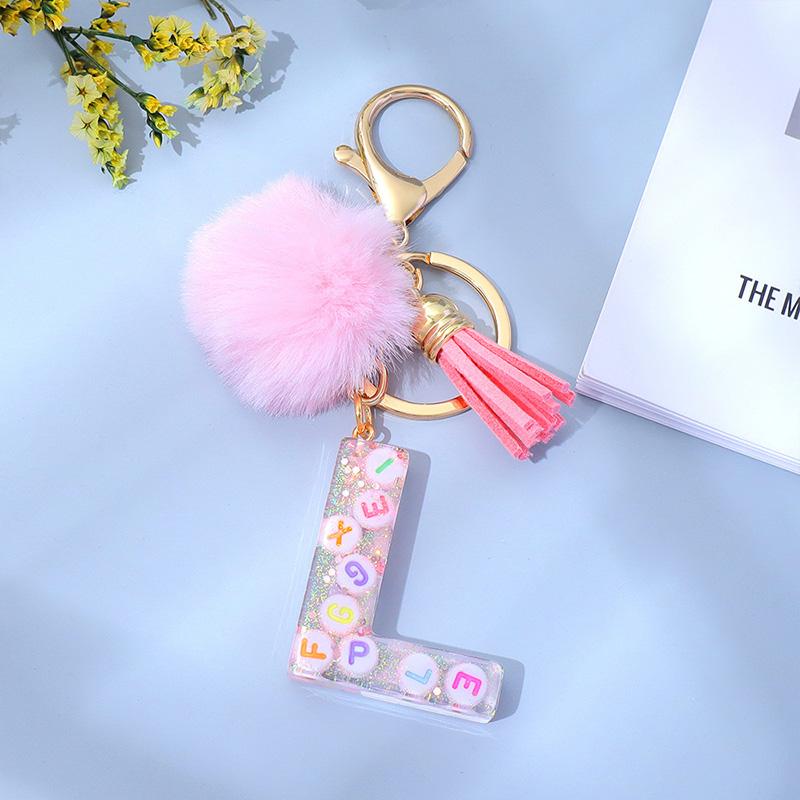 1PC Keyring Key Accessory Letter Filled Colourful Initial Pendant With Fluffy Keychain Glitter Tassel Charms For  Bags Backpacks