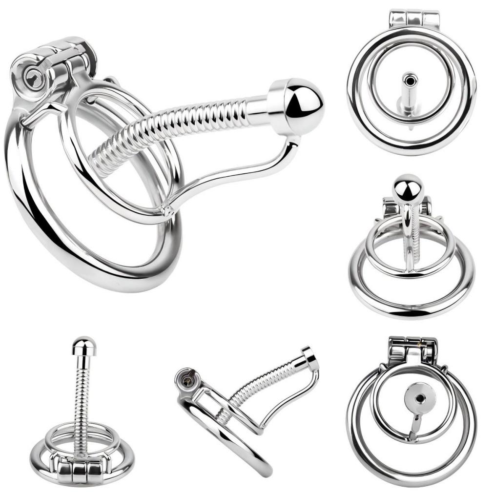FRRK Stainless Steel Male Chastity Devices Cock Cage With Urethral Catheter Penis Lock Cock Ring Sex Toys for Men Chastity Belt