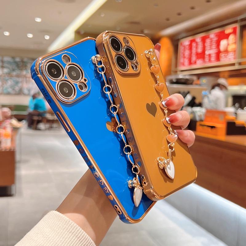 Soft Electroplated Love Heart Silicone Case For iPhone 11 12 13 Pro Max XS X XR 7 8 Plus SE  Mini Bracelet Bumper Cover
