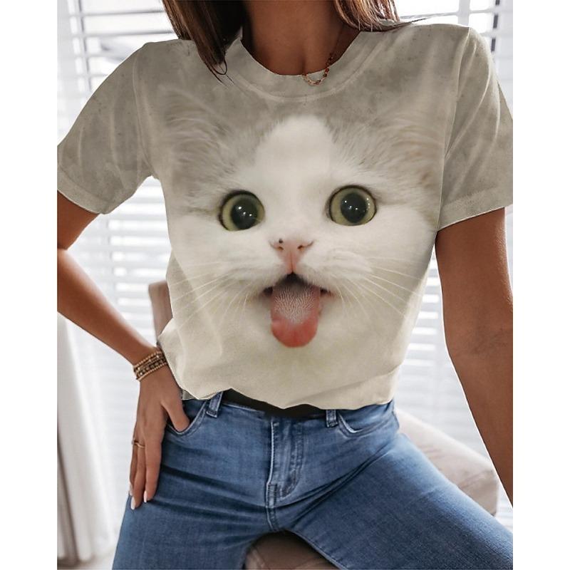 Women s T Shirt Print Animal Cat 3D Basic Short Sleeve Round Neck Regular Tops Daily Weekend Brown S