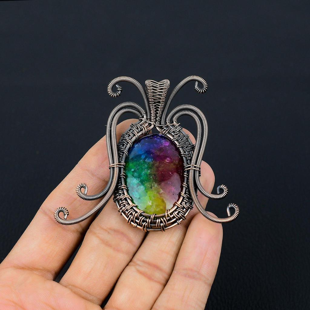 Butterfly Shaped Rainbow Solar Quartz Gemstone Pure Copper Wire Wrapped Handmade Pendant Jewelry For Her