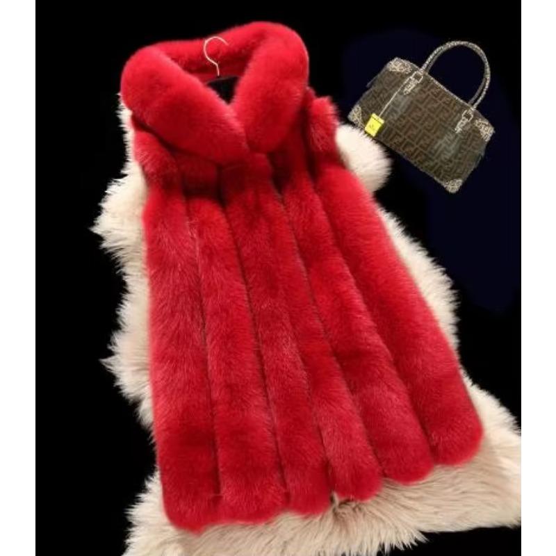 S-4XL Winter Warm Striped Faux Fox Fur Thick Overcoat Women Casual Long Vest Female Open Stitch Cardigan With Hat Slim Coat