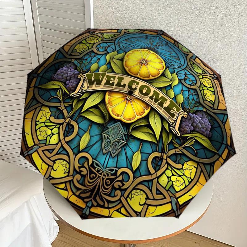 

1pc Stained Glass Welcome Sign Umbrella with Plastic Handle,Suitable for All Seasons Home Travel Outdoor UmbrellaDD947
