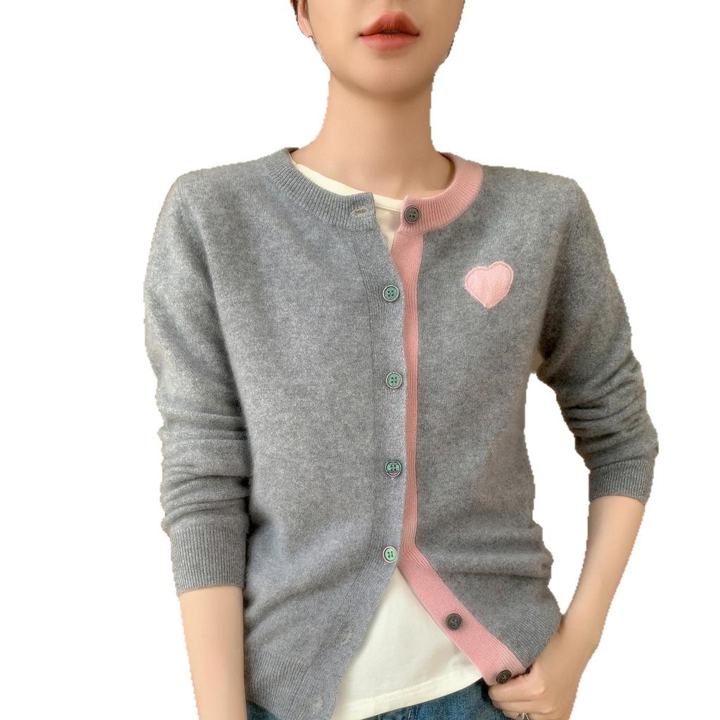 Women's Cashmere Cardigan: Color Block, Round Neck, Sweetheart Embroidery, Loose Fit Sweater.