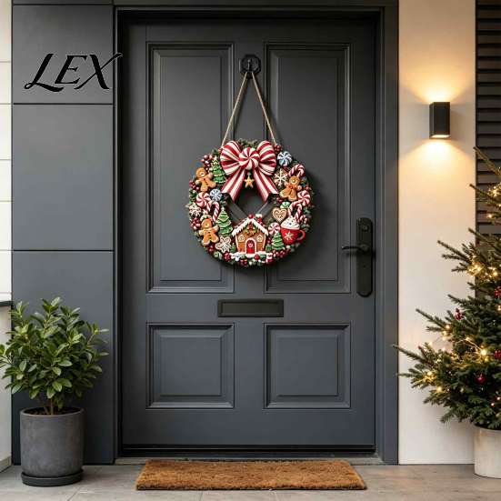 Vintage Style Candy Cane Garland Gingerbread Man Wreath Wooden Sign for Front Door, Retro Christmas Hanging Plaque with Tree Bow And House Pattern