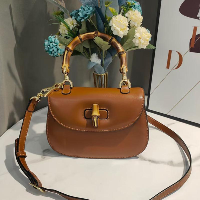New High-end Messenger Bag Retro Simple Bamboo Bag Leather Fashion Saddle Bag Wide Shoulder Strap Single Shoulder Handbag