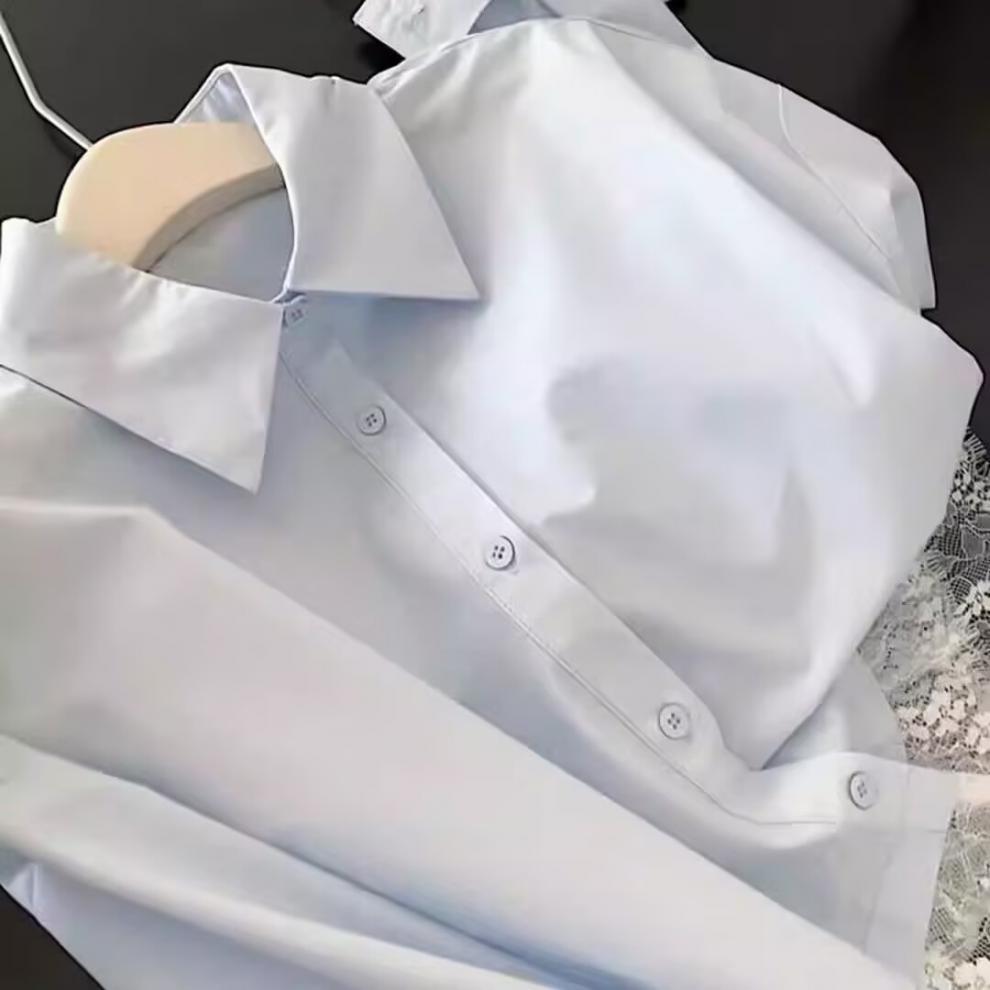 Damen Patchwork-Polohemd mit französischer Spitze - Langarm-Kurztop für Frühling/Sommer