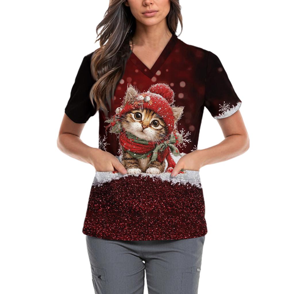 Women's Cute Bow Printed Work Clothes V-neck Double Layer Pockets Basic Short Sleeve Top Pullover