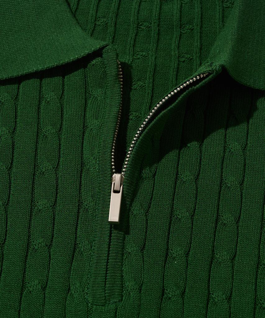 ANALOG MOOD Cable Half-Zip Collar Short-Sleeve Knit (Green)
