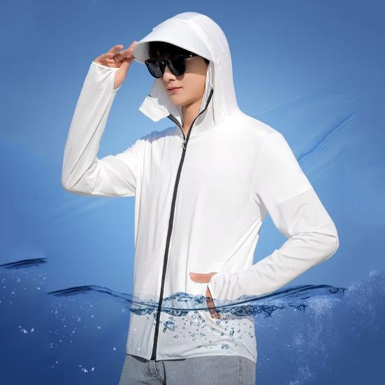 Men Summer Sunscreen Clothing Solid Color Long Sleeve Sun Protection Coat Hooded Jacket Zipper Placket Pockets Outwear