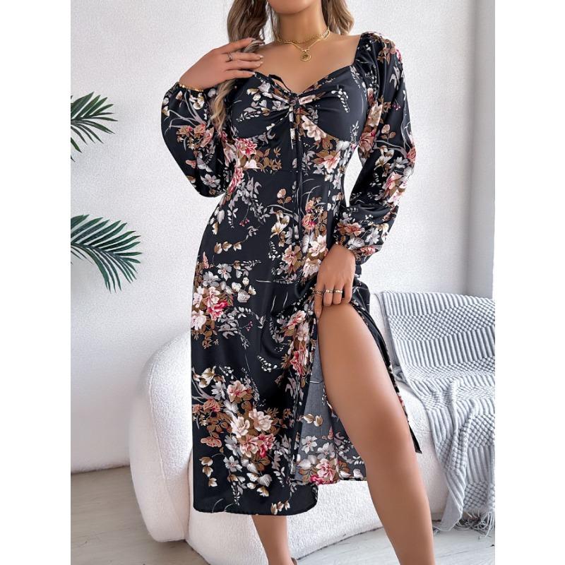 Rochie de damă sexy de primăvară-vară cu șireturi, cu flori, cu mâneci lungi și crăpătură