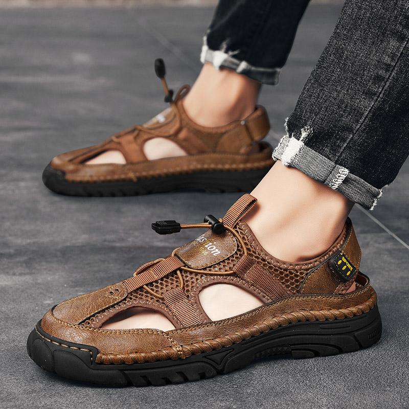Fashion Handmade Size 46 Mesh Shoes Breathable Sandals Summer Men Sandals Genuine Leather Mens Casual Shoes Outdoor Beach Shoes Roman