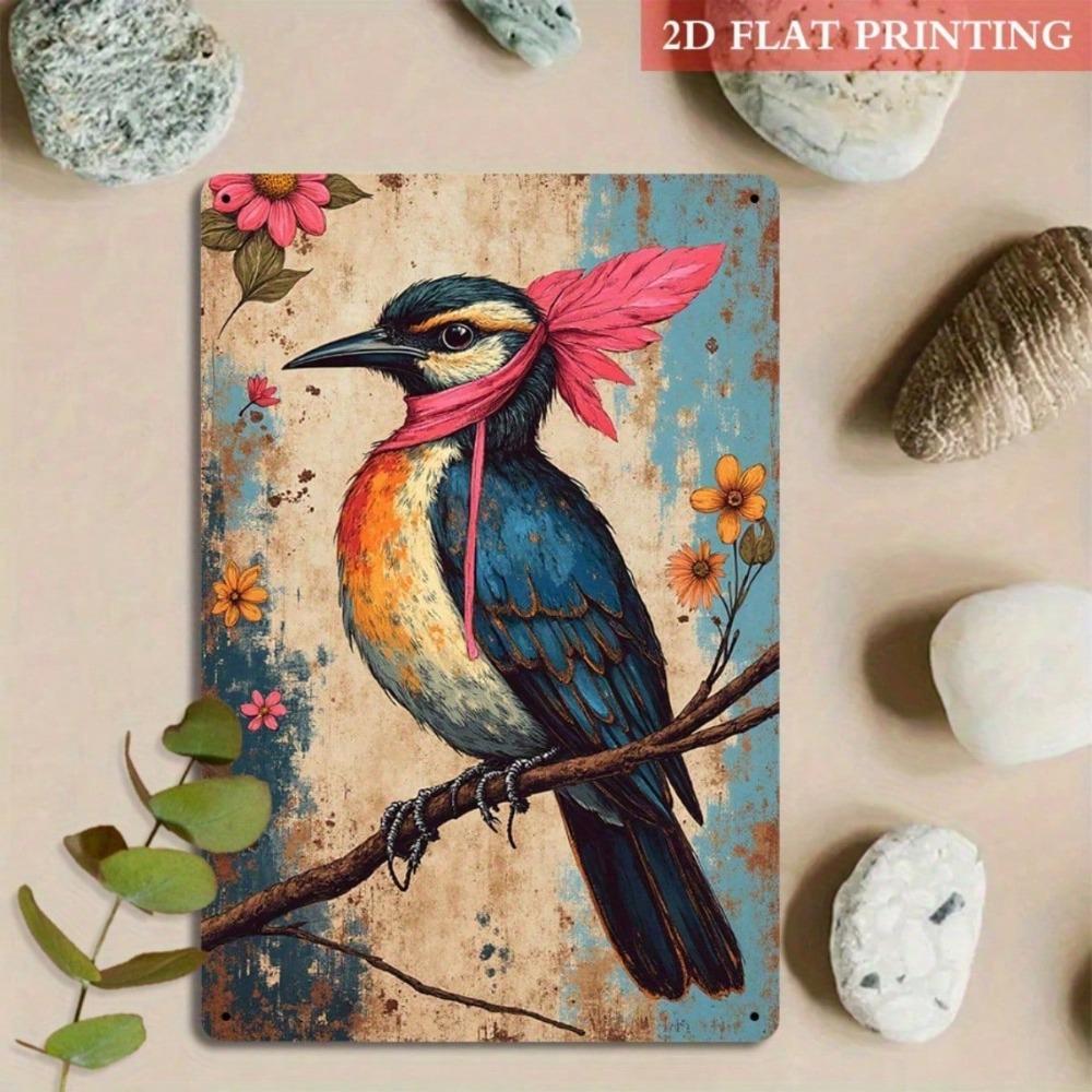 Vintage Bird & Floral Iron Wall Art, 8x12 Rustic Metal Plaque, Colorful Flowers, 2D Sign for Living Room