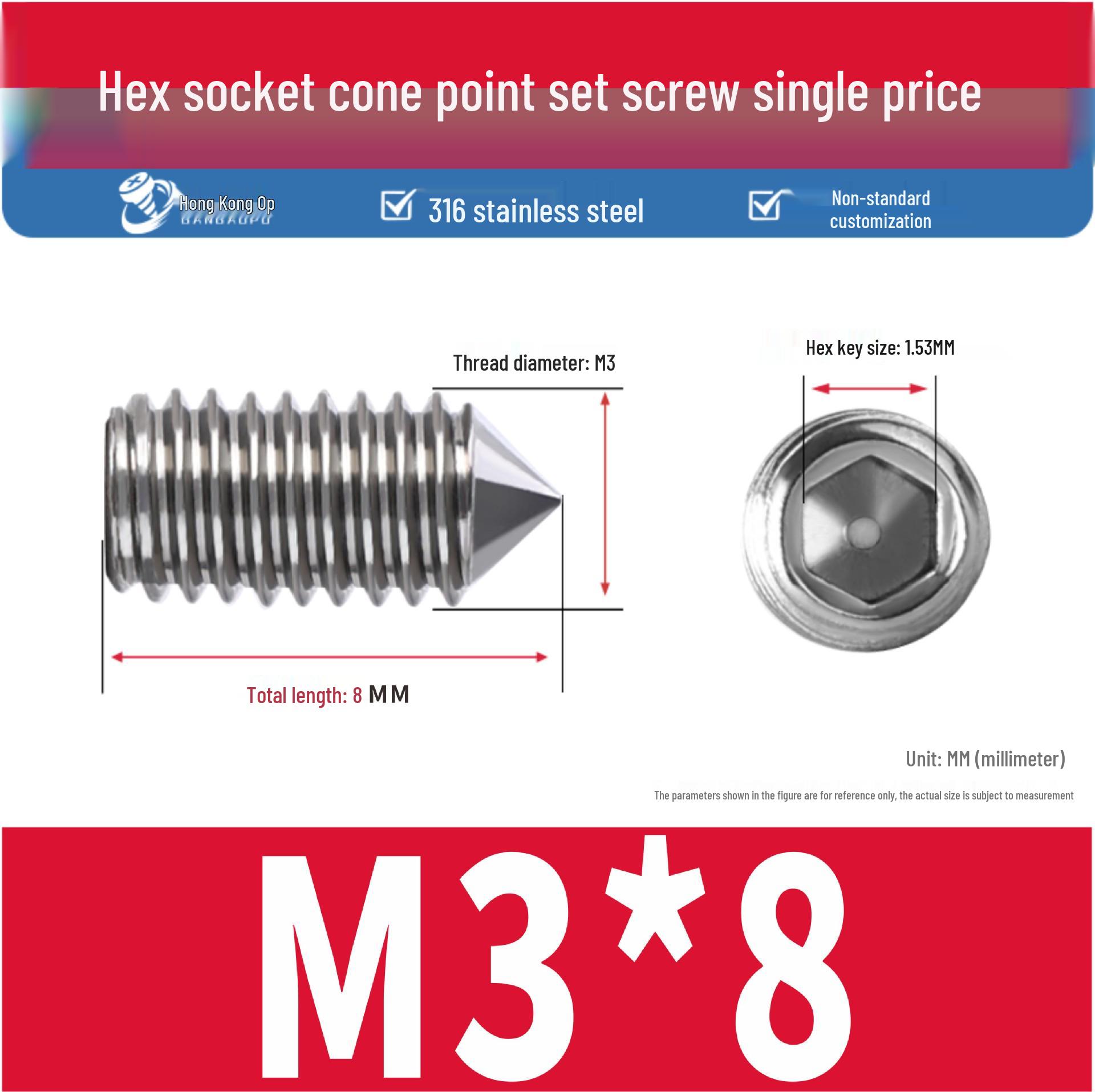

Cone Point Hex Socket Set Screw - 316 Stainless Steel, Sizes M2 to M6