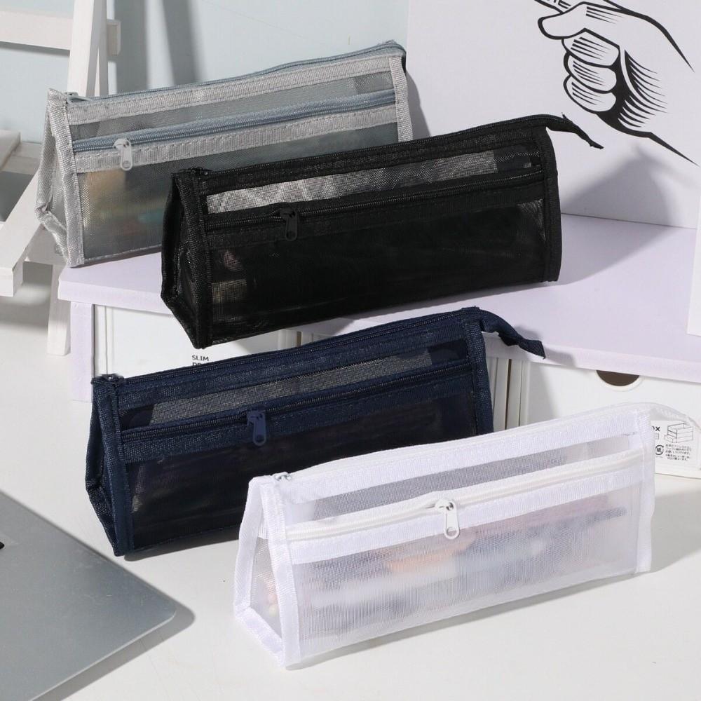 Transparent Mesh Transparent Pencil Pouch Double Layer Exam Stationery Bag Exam Supplies
