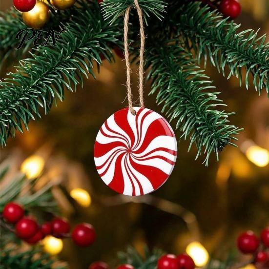 Macaron Color Tree Decorations Wooden Christmas Balls, Candy Stripe Hanging Ornaments, Ornaments Festive Pendant for Holiday Home Party Photo Props