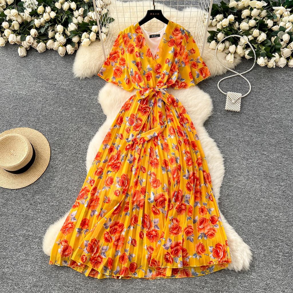 Summer New Women's High-end Strap Waist V-neck Horn Sleeve Thin Temperament Printed Chiffon Dress