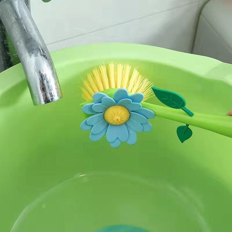 Hand Washed Pot Brush Bowl Brush with Handle Long Brush for Washing Dishes Pot Brush Kitchen Cleaning Supplies, Sunflower Brush