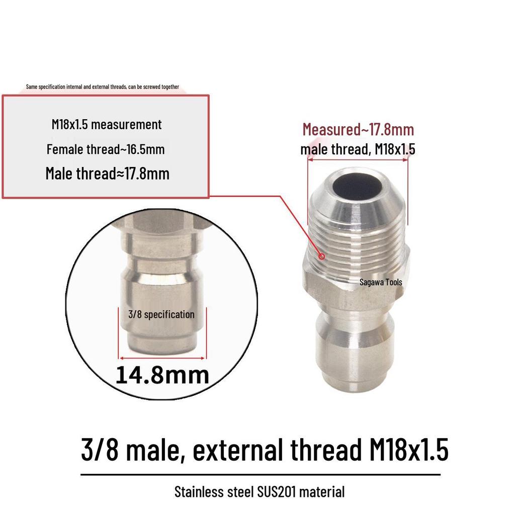 3/8" Stainless Steel Quick-Connect M18*1.5 for High-Pressure Car Wash Machine Water Gun Hose