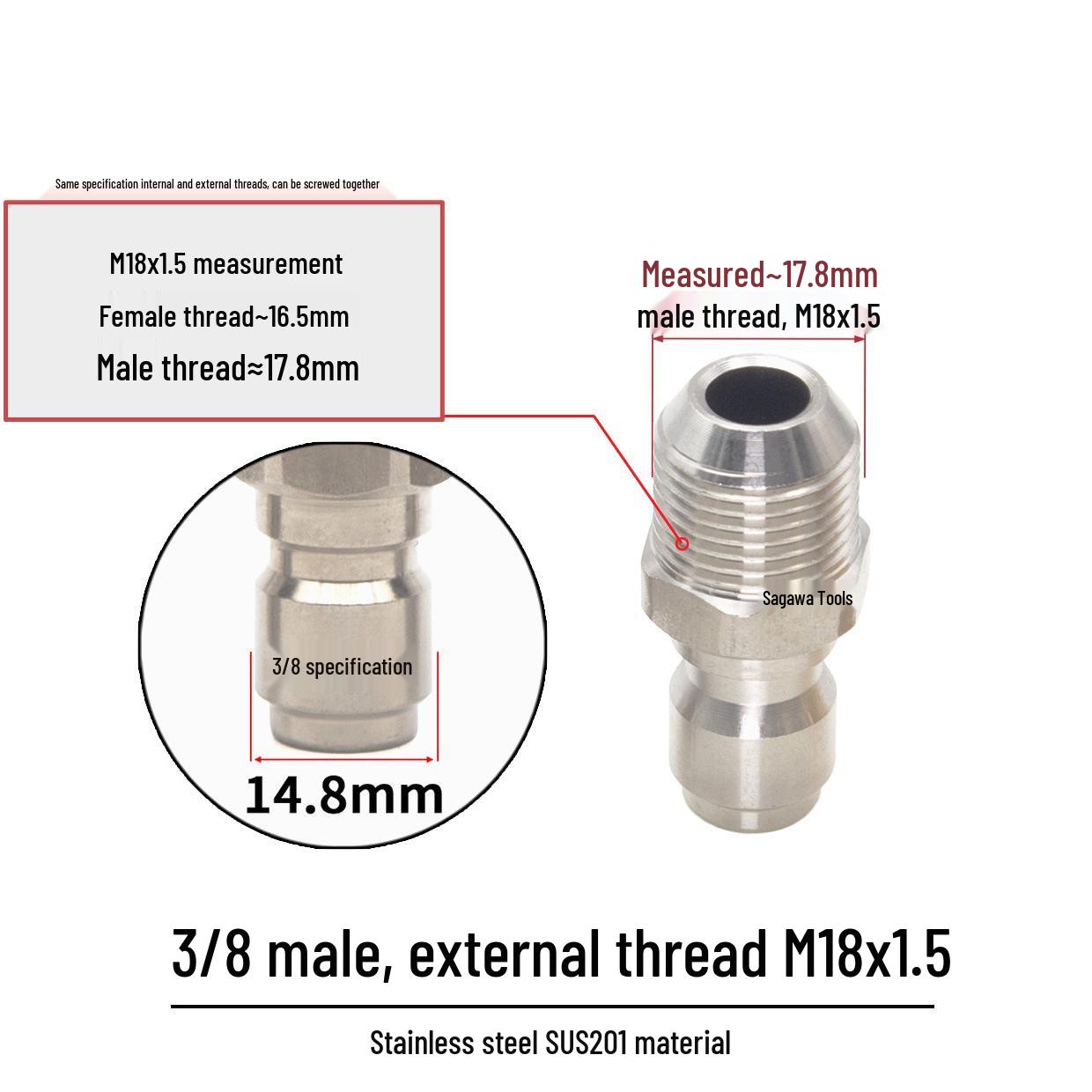 

3/8 Stainless Steel Quick-Connect M18*1.5 for High-Pressure Car Wash Machine Water Gun Hose