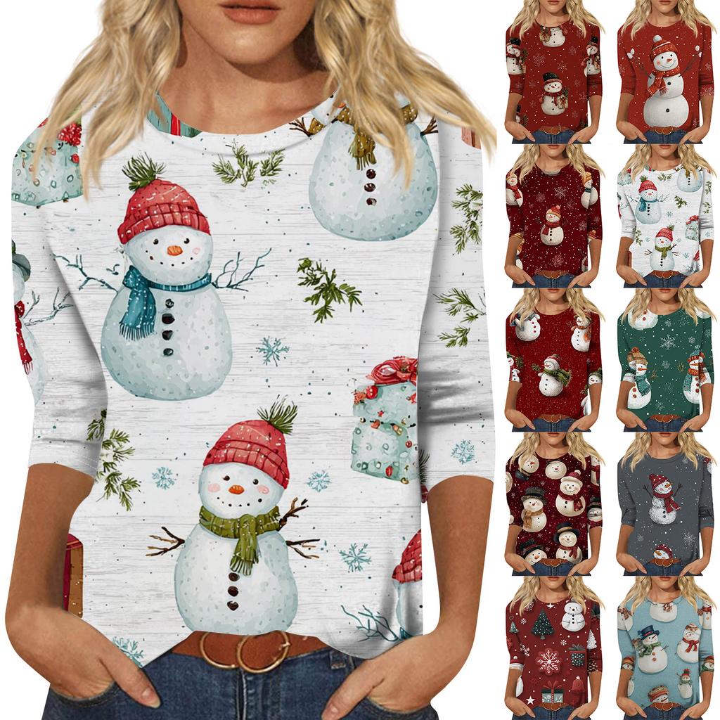 Women's Fashionable Casual Three-Quarter Sleeve Halloween Print Round Neck Top