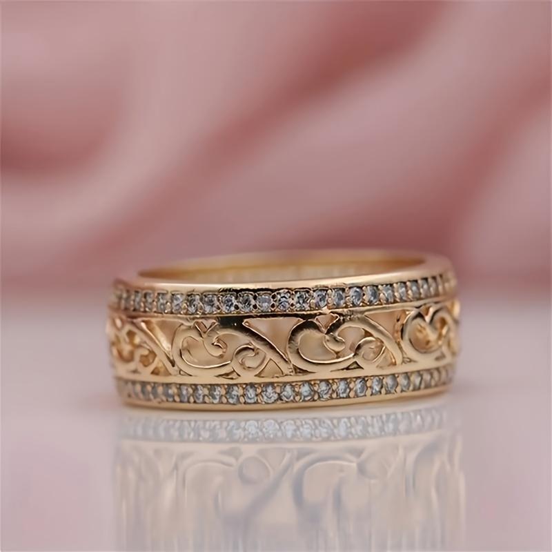 1pc, Elegant & Luxury Style, Engrave Hollow Flower Texture Wide Ring, Inlay Shiny Rhinestone Ring, Fashion Delicate Accessory For Daily Wear & Party,