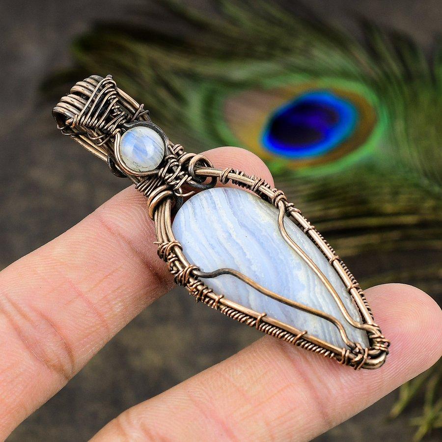 Blue Lace Agate, Moonstone Copper Wire Wrap Jewelry Pendant 2.76" P7a57