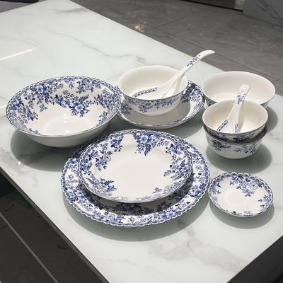 Blue and White Porcelain Pastoral Style Large Noodle Bowl, Microwave-Safe Ceramic Vegetable Dish, Underglaze Tableware