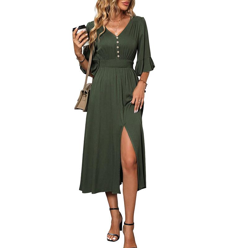 Summer new elegant wind v-neck horn medium sleeve solid color split dress