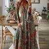 Bohemian Style Flared Sleeve Print V-neck High Waisted Vacation Dress with Floral Detailing for Women