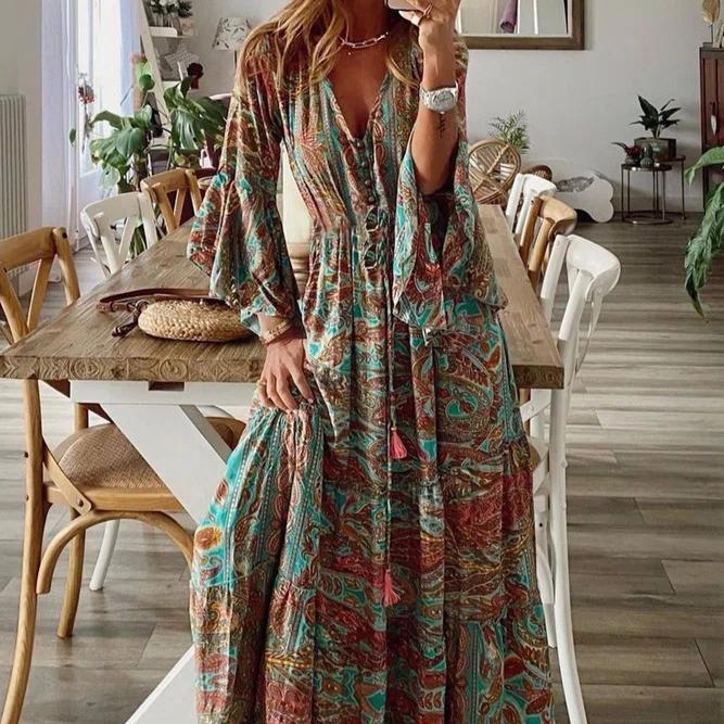 Bohemian Style Flared Sleeve Print V-neck High Waisted Vacation Dress with Floral Detailing for Women