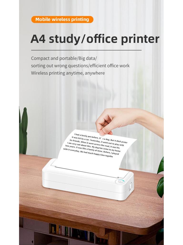 Portable A4 Bluetooth Thermal Printer for Home, Office & Study - Wireless Remote Printing