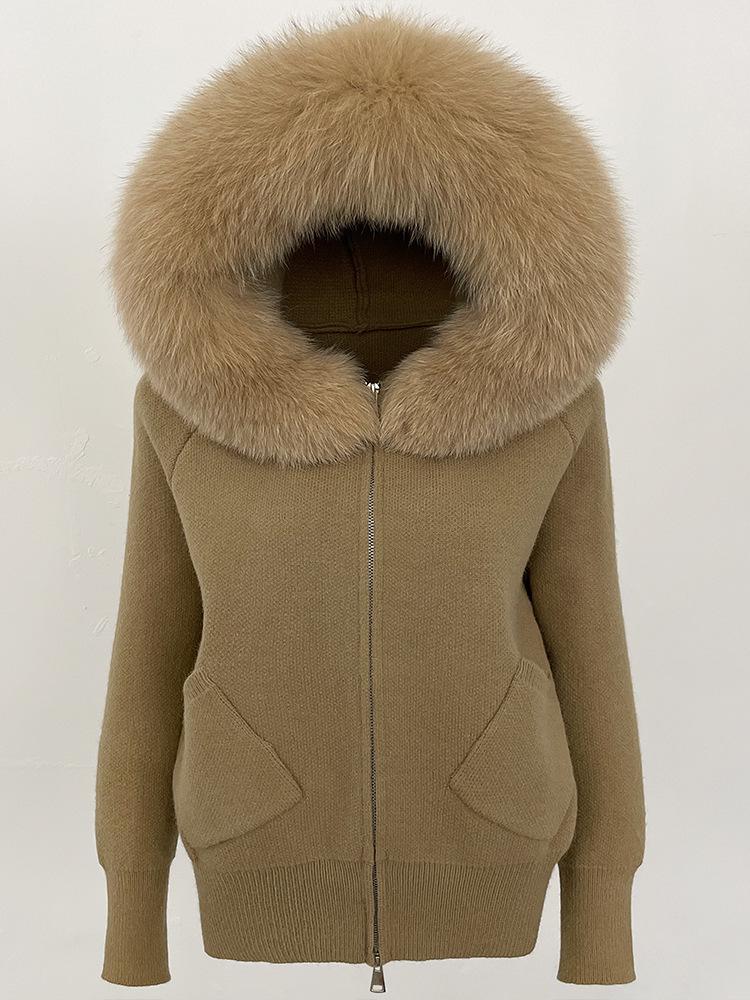 Korean Style Hooded Knit Cardigan with Large Genuine Fox Fur Collar - Luxurious Autumn/Winter Outerwear
