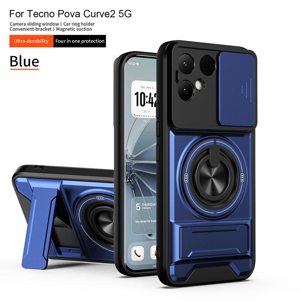Slide Camera Cover Compatible for Tecno Pova Curve 2 Case With Built-in Ring Stand and Folding Stand