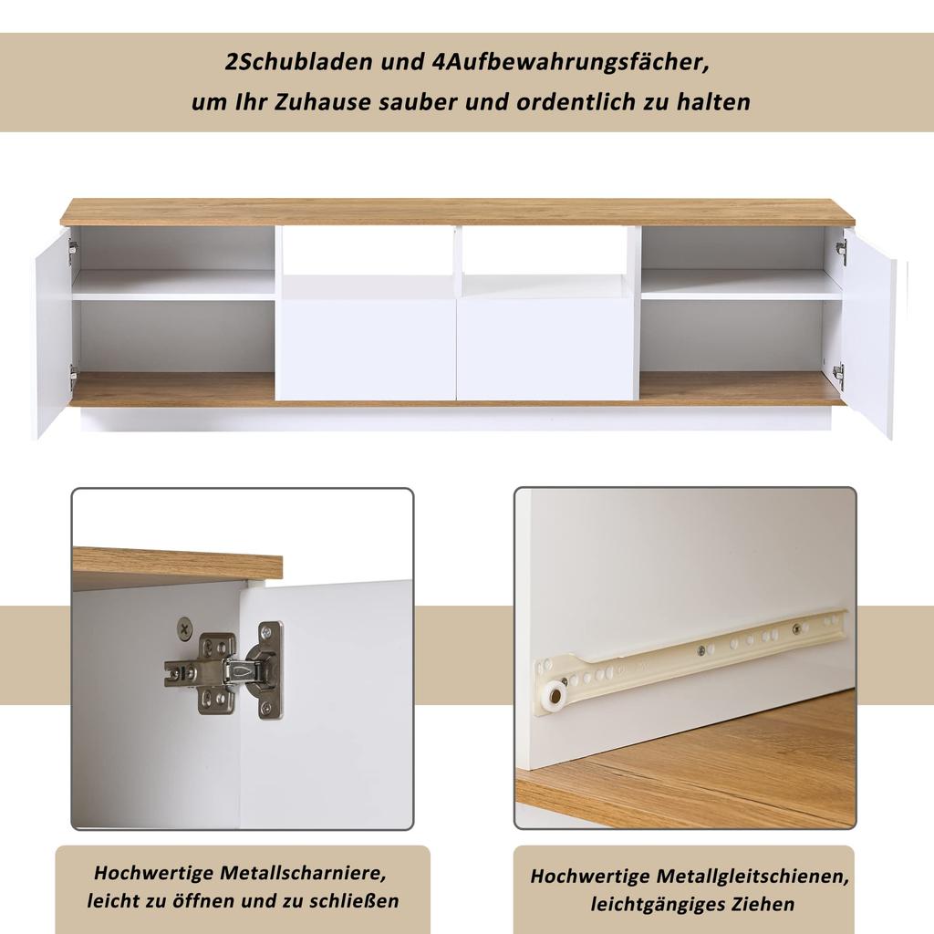 TV Lowboard 180cm Breite LED Beleuchtung, Moderner TV Schrank 2 Schließfach 4 offenes Regal, Wohnzimmer Esszimmer, Weiß & Eiche, 180 x 40 x 50 cm