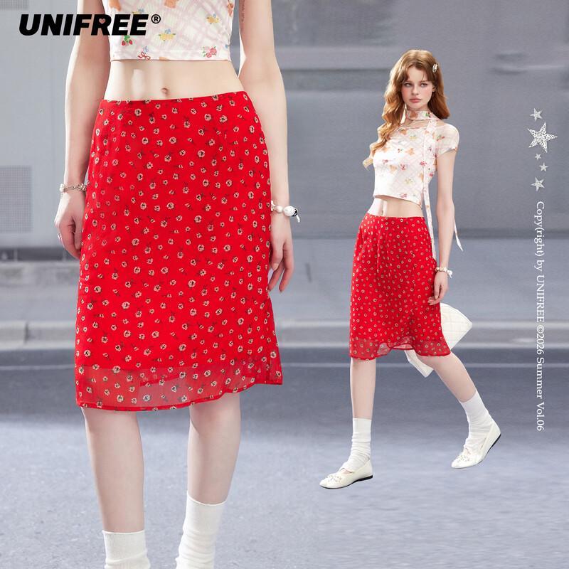 UNIFREE Retro French Floral Mid-Length Skirt S