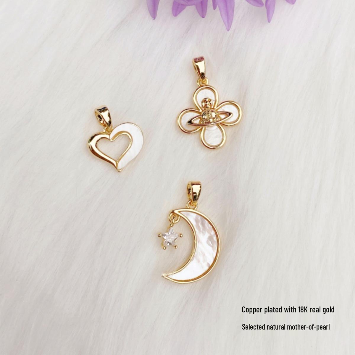 

Qianyu 18K Gold-Plated Copper Jewelry: White Shell Star, Moon, Four-Leaf Clover, and Flower Necklace & Earrings Set. 1 Piece